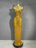 Sparkly Vertical Rhinestone Strapless Mesh Maxi Dress Bodycon Mermaid Long Gown Suitable Formal Birthday Pageant NightclubStage