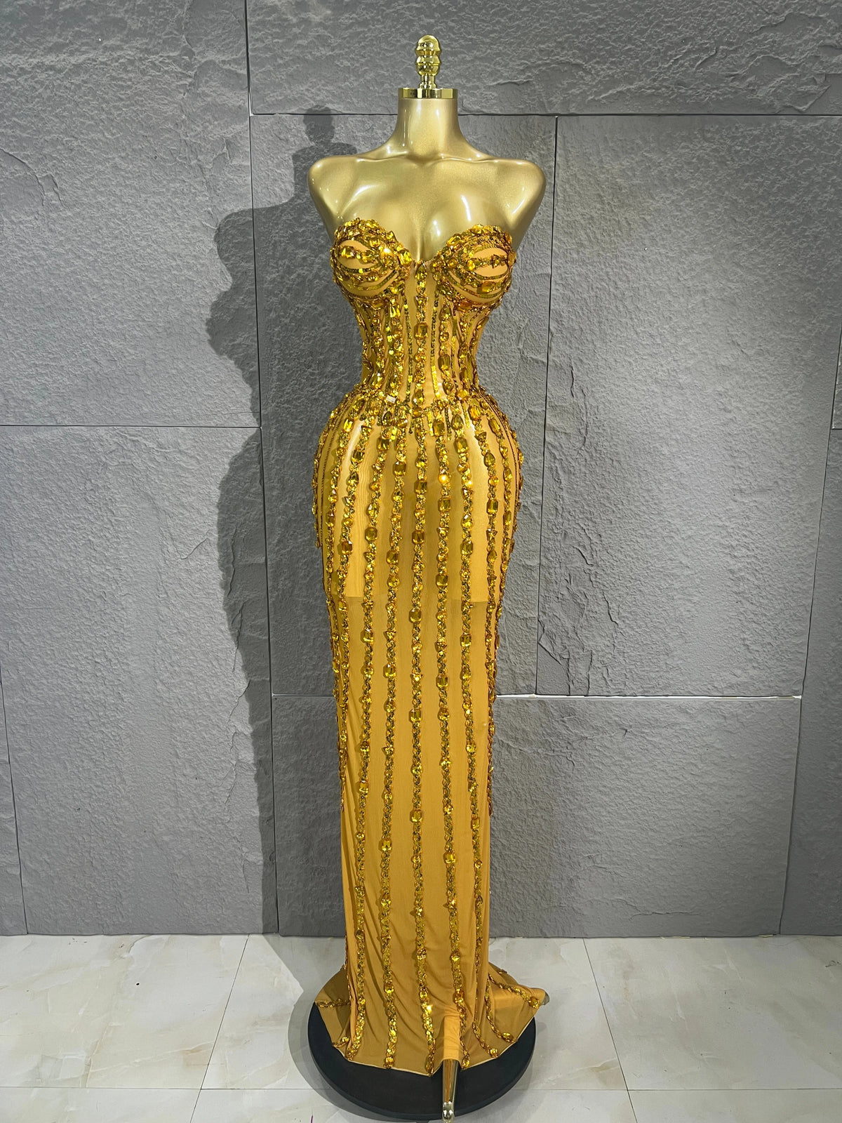 Sparkly Vertical Rhinestone Strapless Mesh Maxi Dress Bodycon Mermaid Long Gown Suitable Formal Birthday Pageant NightclubStage