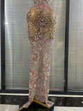 Sparkly Crystal Mesh See Through Women Sleeveless Sexy Bodycon Long Gowns Dress Evening Party Celebrate Birthday Outfit