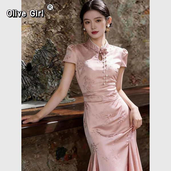 Olive Girl Romantic Qipao for Garden Wedding 2026 Fairycore Photoshoot Everyday Wear S-XXL XS-3XL Plus Size Romantic Garden Party Editorial Not Costume Qipao Cheongsam Chinese Dress Chinese Heritage Fashion Women