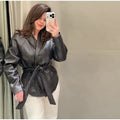 Women's Chic Lapel Oversized PU Leather Jacket Casual Full Sleeve Drop Shoulder Belted Coat Lady 2026 Spring Chic Streetwear
