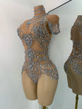 Sparkly Red Rhinestones Women Sexy Mesh See Through High Stretch Bodysuit Nightclub Performance Dance Costume Singer Stage Wear