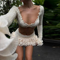 Women's White Skirts Set Sexy V-neck Long Sleeve Ruffled Crop Tops & Mini Skirts With Layered Hem Lady 2026 Chic Party Outfits