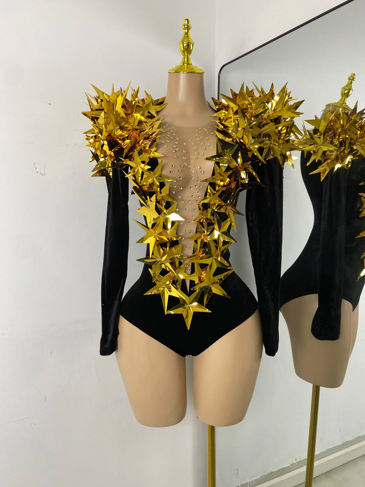 Women Sexy Sparkly Crystals 3D Sequined Stars Velvet Long Sleeve Bodysuit Nightclub Performance Dance Costume Singer Stage Wear