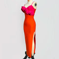 New Fashion Orange Color Women Sleeveless Sexy V-Neck Ruffles Bodycon Mid-calf Bandage Dress Birthday Celebrate Party Dress