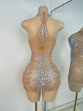 Women's Sparkly Birthday Mini Dress Crystals Diamonds Mesh Evening Party Gowns Performance Costume Stage Outfit Club Vestidos
