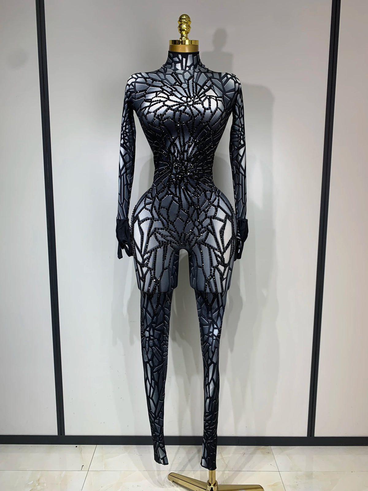 Women Sexy Black Rhinestone Stretch Bodycon Jumpsuit Club Evening Party Birthday Wear Singer Dancer Stage Perform Costume