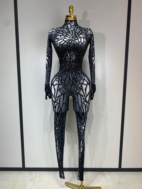 Women Sexy Black Rhinestone Stretch Bodycon Jumpsuit Club Evening Party Birthday Wear Singer Dancer Stage Perform Costume