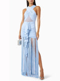 Women's Sky Blue Rhythm Fringed Long Maxi Dress 2026 New Sleeveless Ruffle Tassels Night Out Dress Clubwear Outfits