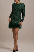 Solid Spliced Sequines Slimming Dresses for Women O Neck Long Sleeve Temperament Dress Female Fashion New