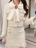 2026 Winter New Women Tweed Fringed 2 Two-Piece Set Sexy Long Sleeve Button Jacket + Short Skirt Set Vestidos Party Suit
