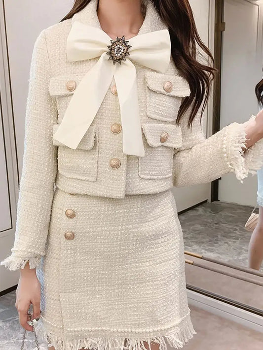 2026 Winter New Women Tweed Fringed 2 Two-Piece Set Sexy Long Sleeve Button Jacket + Short Skirt Set Vestidos Party Suit