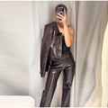 Women's Brown Faux Leather Pants Set Fashion Lapel Single Breasted Cropped Jacket Wide Leg Trouser Lady Autumn Chic Outfits