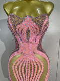 2026 Sexy Sparkly Pink Rhinetones Sequins Strapless Mesh Sheer Long Dress Birthday Evening Celebrate Party Nightclub Stage Wear
