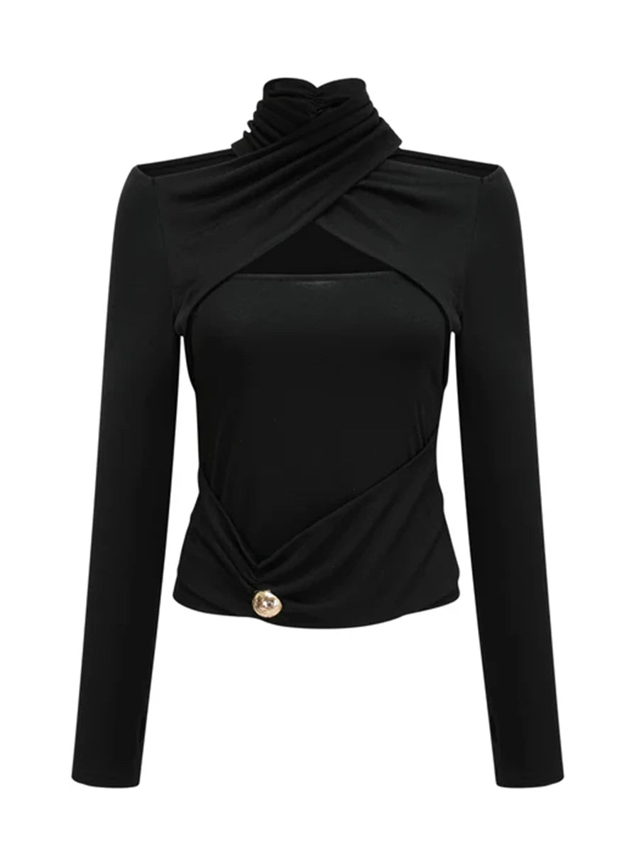 Sexy Off Shoulder Hollow Out Slim T Shirt for Women Halter Long Sleeve Spliced Metal Buckle Temperament Tees Female Fashion