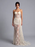 Elegant Strapless Lace Long Ribbon Wedding Dress Patchwork Vintage Floral Lace Bridal Gown Sheath Fitted Dresses