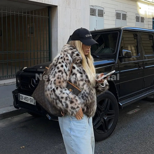 Vintage Stylish Loepard Faux Fur Coat Women Winter Chic Iconic Ins Blogger Brand Fashion Fox Fur Jacket Streetwear