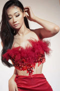 Exquisite Beaded Diamond Feather Tube Top + Miniskirt Red Suit Fashionable Hot Party Stage Performance Dress Vestidos Brillantes