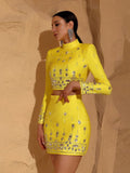 Two Piece Sets for Women Stand Collar Long Sleeve Spliced Diamonds Top High Wiast Mini Skirt Elegant Outfit Female