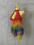 Sexy Rainbow Gradient Fringe Halter Bodysuit Rhinestone Choker Women Stage Performance Carnival Party Outfit