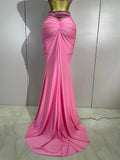 Luxury Birthday Evening Party Set Sparkly Rhinestone Pink Sexy Sleeveless Long Dress Two Pieces Nightclub Party Club Stage Wear