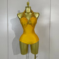 Women Sexy Gold Stretch Bodysuit Sparkly Rhinestone Birthday Party Nightclub Bar Dancer DJ Performance Photoshoot Stage Costume