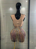 Colorful Tassels Women Sexy High Stretch Bodycon Bodysuit Vening Dress Night Club Dancer Performance Costume