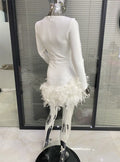 Women's 2-Color Glam V-Neck Gorgeous Feather Skirt Bandage Mini Dress Fashion Party Evening Performance Dress Women Glam Dresses