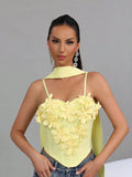 Sexy Splice Appliques Sling Fishbone Top With Ribbon Solid Flowers Backless Party Nightclub Birthday Bandage Tank Top