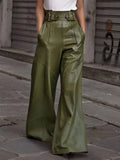 Women Fashion Faux Leather High Waist Wide Leg Loose Pants Sashes Zipper 2025 Spring Party Casual Street PU Trousers