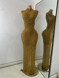 Luxury Crystal Diamonds Long Party Dress Sexy Mesh Sleeveless See Through Evening Prom Birthday Women's Clothing Singer Wear