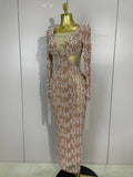 Luxury Sexy Pearl Beading Chain Long Sleeve Bodycon Long Dress Elegant Celebrity Evening Party Club High Quality Birthday Dress