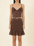 Casual Coffee Polka Dot Two Piece Set for Women Lace Trim Cami Sheer Mesh Ruffled Midi Skirt Set for Vintage Dates