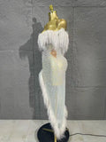 Sexy Sheer Mesh Pearl Beaded Feather Trim Strapless Mermaid Evening Dress for Birthday Party