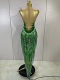 Women Sparkly Green Rhinestone Tassels Sexy Latin Dancer Mesh Bodysuit Eveing Party Birthday Nightclub Performance Stage Costume