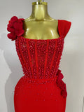 Women Red 3D Floral Beading Pearl Sexy Sleeveless Bodycon Long Bandage Dress Elegant Club Party Birthday Wedding Prom Wear