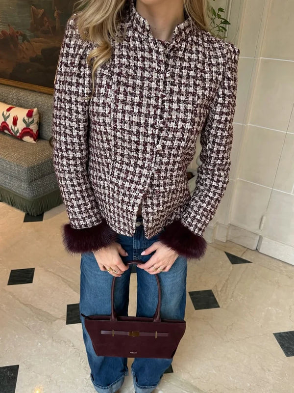 Faux Fur Cuff Patchwork Plaid Tweed Jacket Stand Collar Single Breasted Tassel Sleeve Coat Elegant Autumn Chic Outwear New 2026