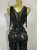Sparkly Black Rhinestones Sequined Fringe Jumpsuit Women Sexy Nightclub Party Birthday Outfit Show Singer Stage Perform Costume