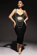 Gorgeous Pearl Glam Hollow Suspender Dress Elegant Temperament Bandage Evening Dress Performance Wear Cocktail Party Formal Gown
