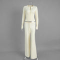 White Ribbed Knit Two Piece Set for Women Slim Button Accent Cardiagns Low Waist Loose Pant Suit for Casual Outings