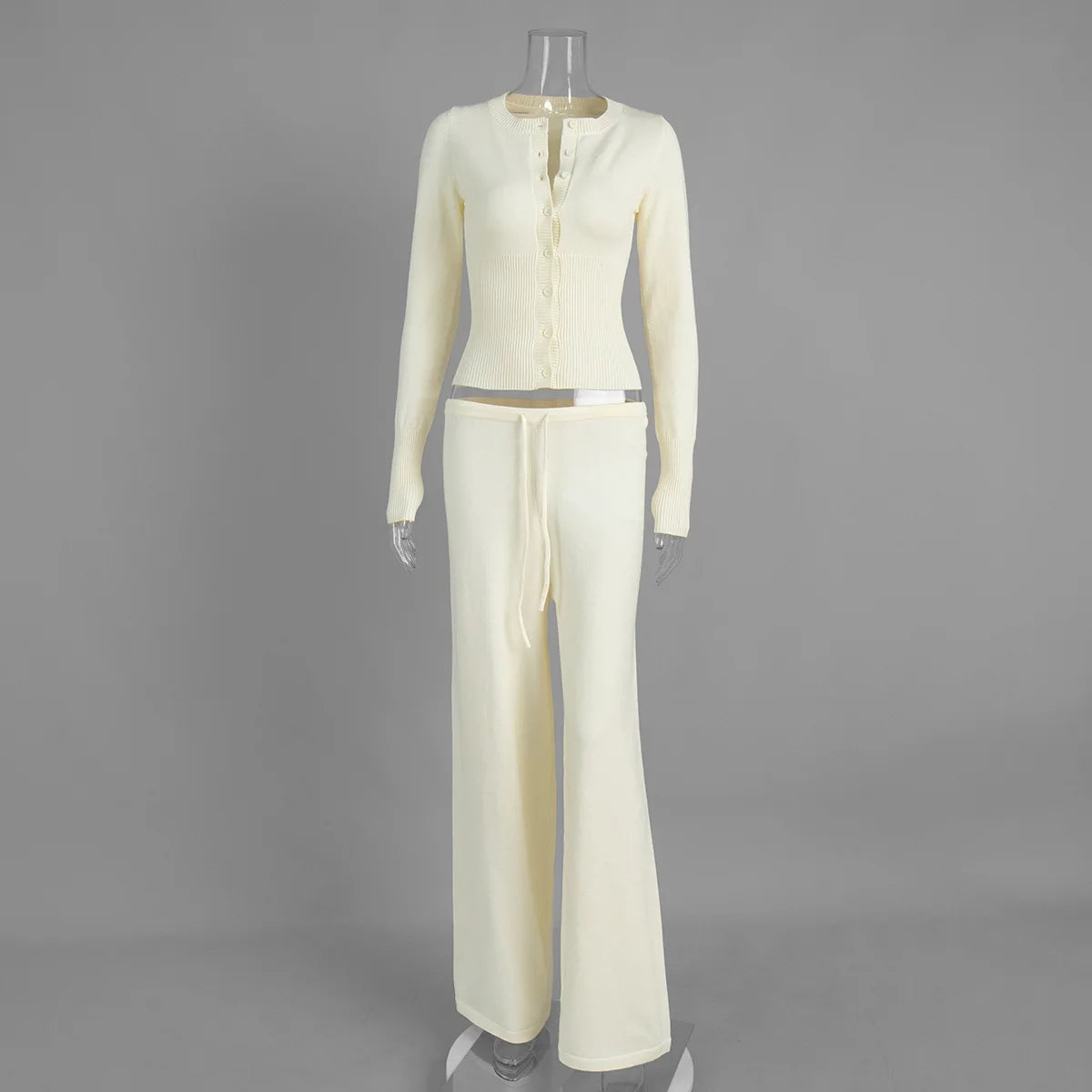 White Ribbed Knit Two Piece Set for Women Slim Button Accent Cardiagns Low Waist Loose Pant Suit for Casual Outings