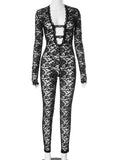 Sexy Jacquard Jumpsuit Women Sexy Mesh Patchwork Low-Neck Hollow Full Sleeve Skinny Midnight Party Clubwear Overalls