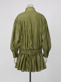 Olive Green Elegant Pleated Dress Women Fashion Solid Stand Neck Lantern Sleeve Double Breasted Loose Mini Dress Women