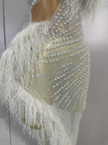 New Sparkly Rhinestone Off The Shoulder White Mesh See-Through Long Dress Sexy Eveing Party Birthday Nightclub Stage Costume