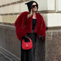 Women Fur Coat Women 2025 Plush Red Bomber Jacket Solid Crop Long Sleeve Jacket Warm Winter Coats Female Casual Coats