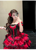 Olivegirl Sweet Lace Dress Lolita Red Cute Girl Spring High-end Women Summer Birthday Party Elegant Princess Lolita Dresses