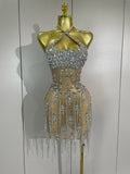 Women Luxury Crystals Diamonds Sexy Halter Mesh See Through Celebrate Birthday Gowns Evening Party Nightclub Singer Stage Wear