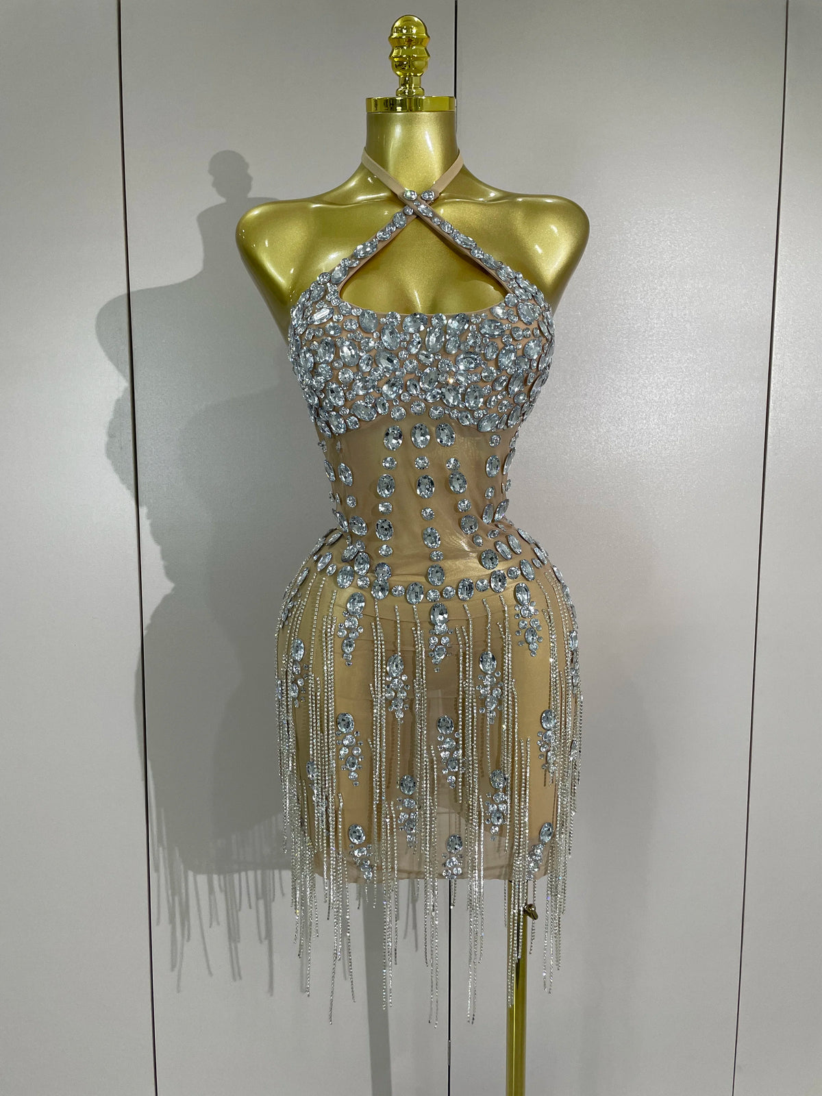 Women Luxury Crystals Diamonds Sexy Halter Mesh See Through Celebrate Birthday Gowns Evening Party Nightclub Singer Stage Wear