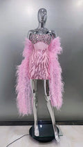 Women's Stylish Shawl Super Shiny Rhinestone Sequin Embroidered Pink Tube Top Dress Luxury Haute Couture Fashion Hot Party Gown