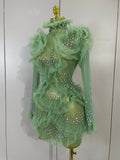Sexy Mesh Ruffled Sparkly Rhinestones Long Sleeves See Through Mini Dress Women Eveing Party Birthday Dance Nightclub Stage Wear